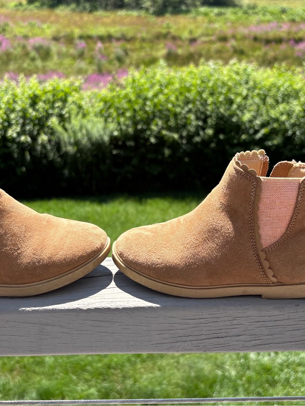 Tucker + Tate Tan Suede Ankle Boots with Pink Elastic
